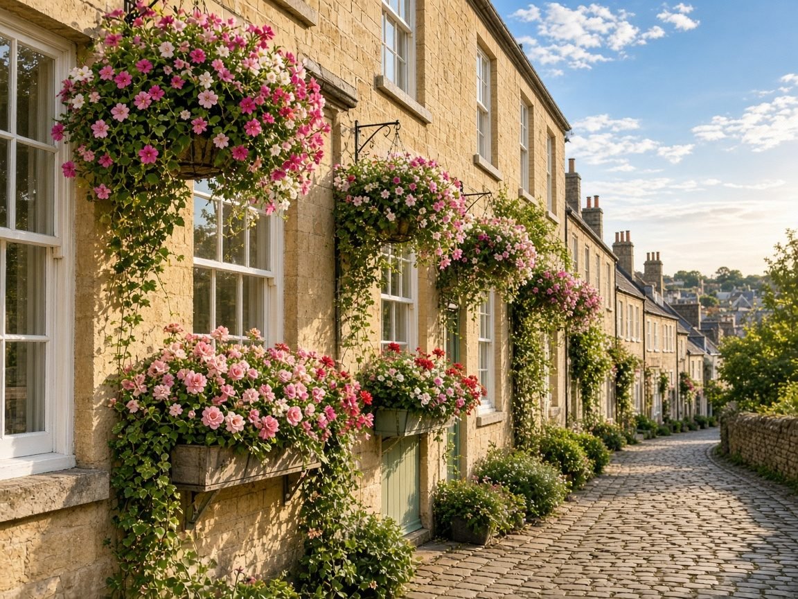 Home Sunny stone street with hanging flower baskets