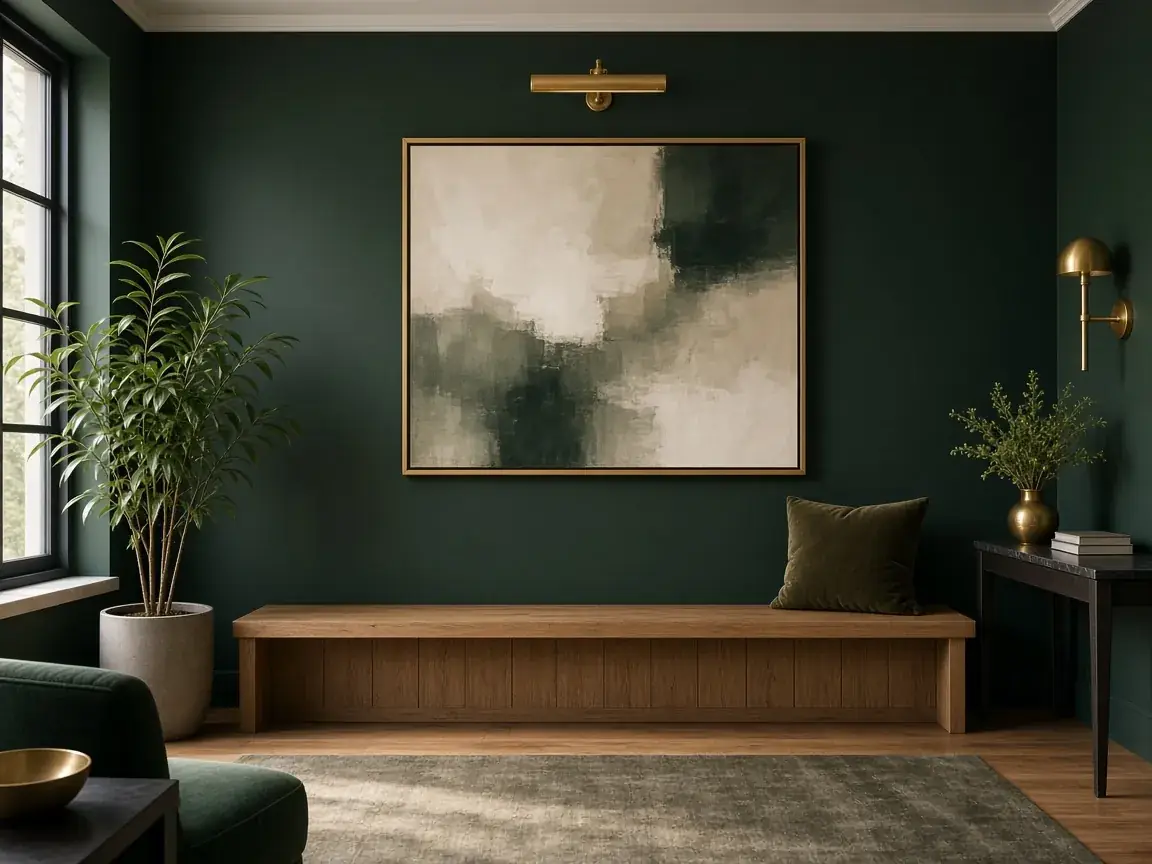 The firm’s calm reception area with green walls and brass lighting