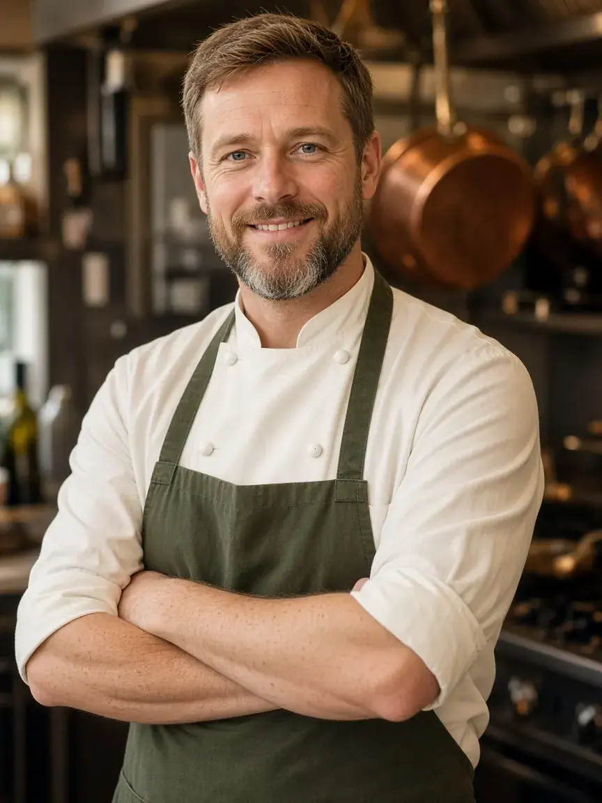 Portrait of head chef Oliver Hartley in the kitchen, arms folded and smiling