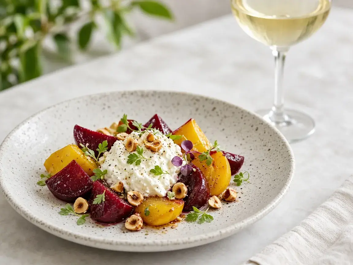 Heritage beetroot with whipped goat’s cheese and hazelnuts