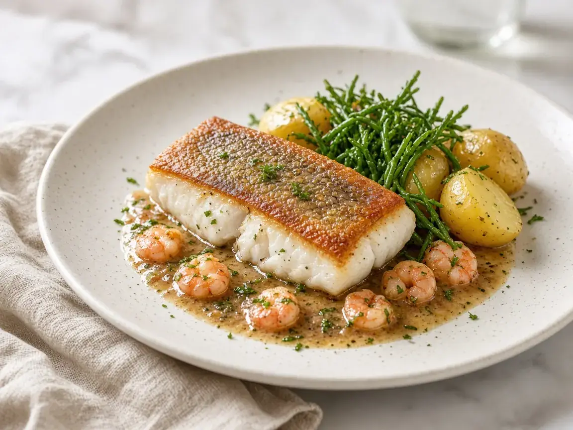 Crisp-skinned hake with brown shrimp butter, samphire and new potatoes