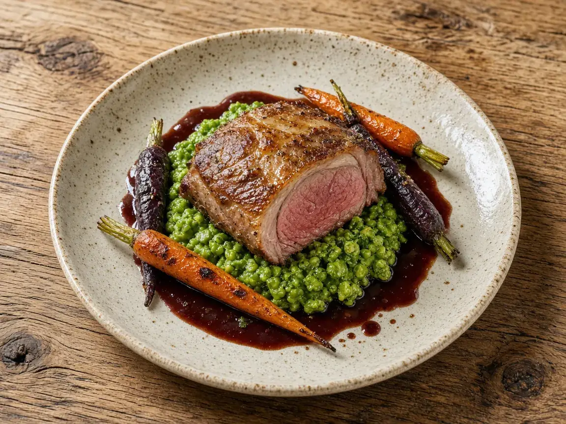 Roast lamb rump with crushed minted peas, heritage carrots and red wine jus