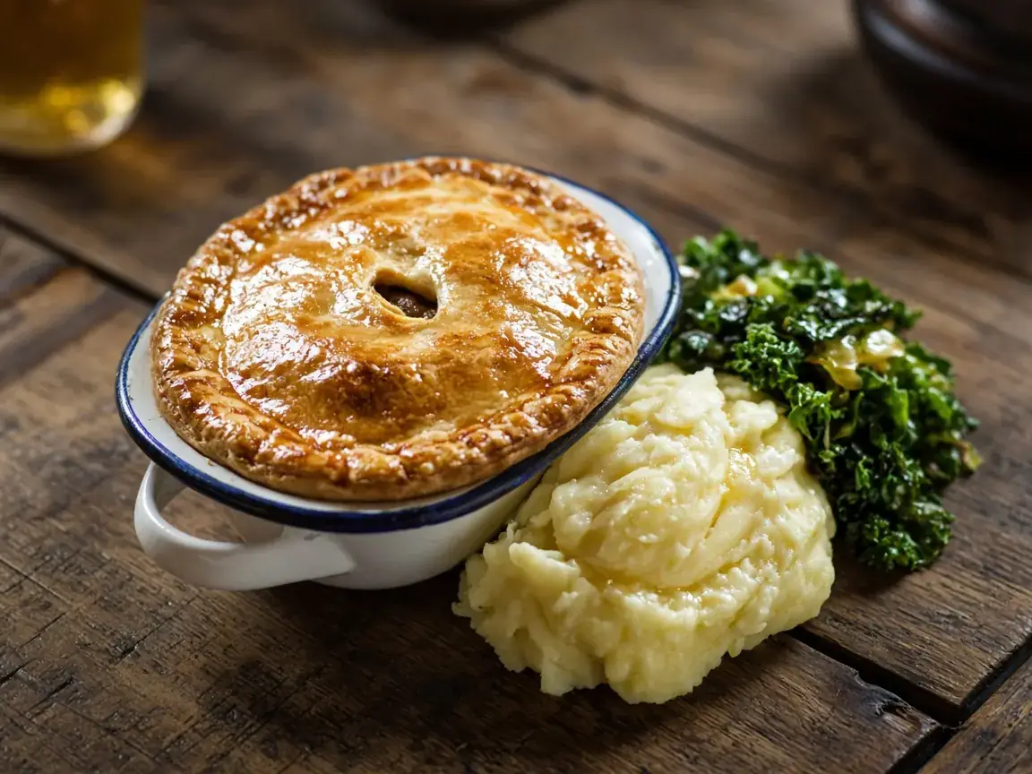 Beef and ale pie with buttery mash and greens