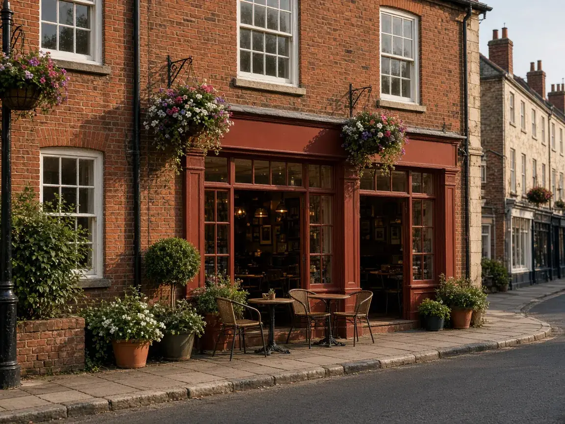 The red-brick Georgian frontage of Quince & Ivy with hanging baskets and pavement tables