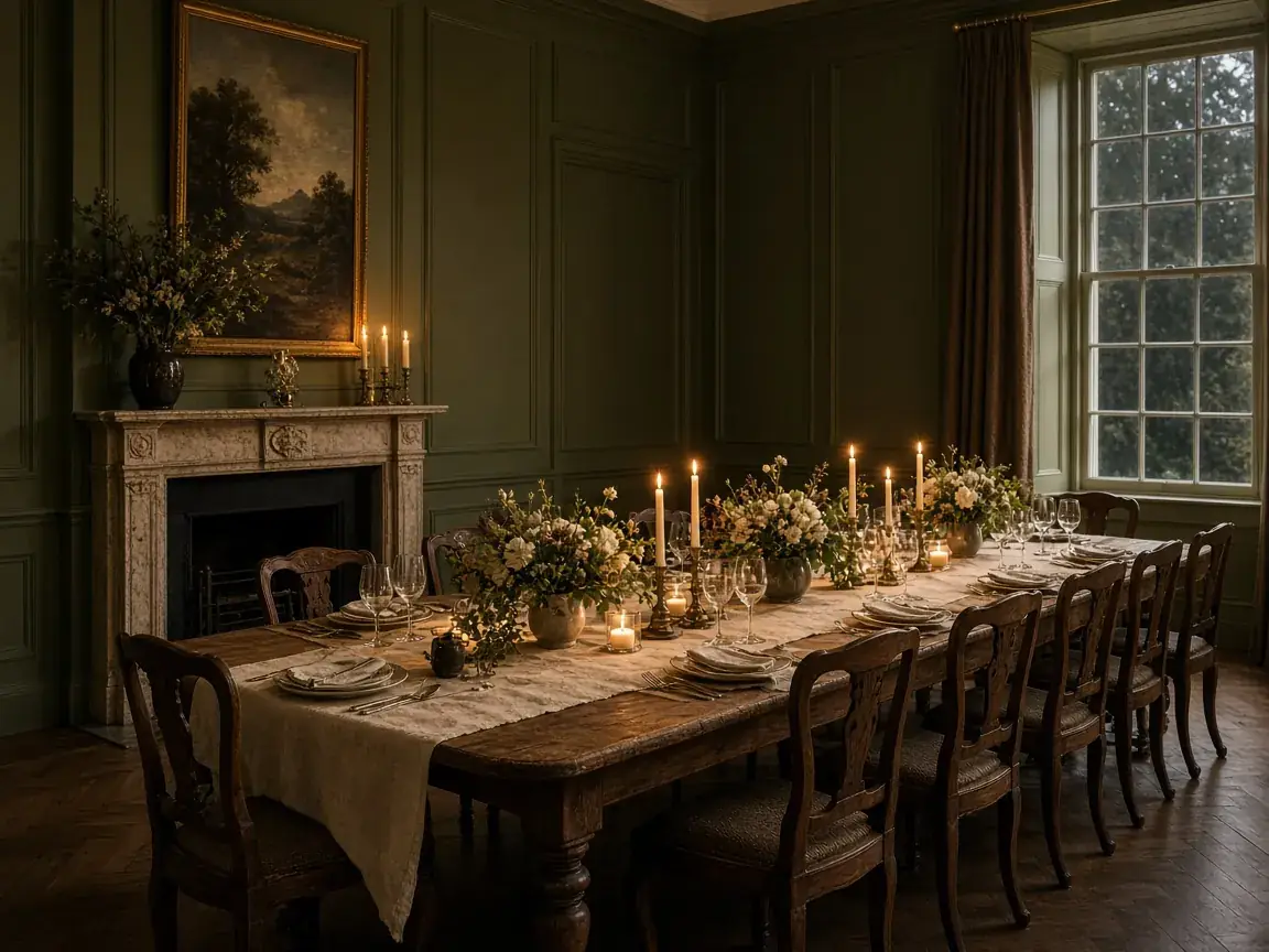 Candlelit private dining room with a long oak table