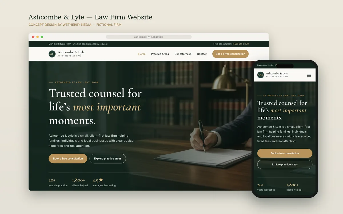 Ashcombe & Lyle concept law firm website shown on a desktop browser and a phone