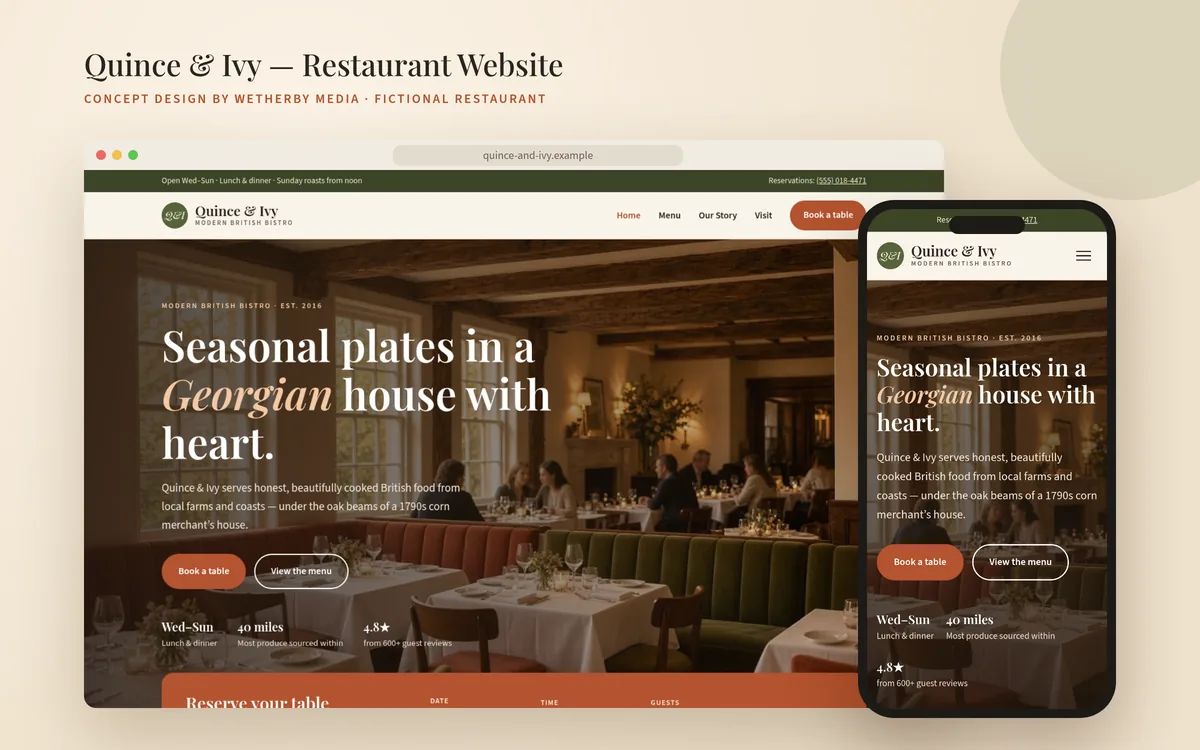 Quince & Ivy concept bistro website shown on a desktop browser and a phone
